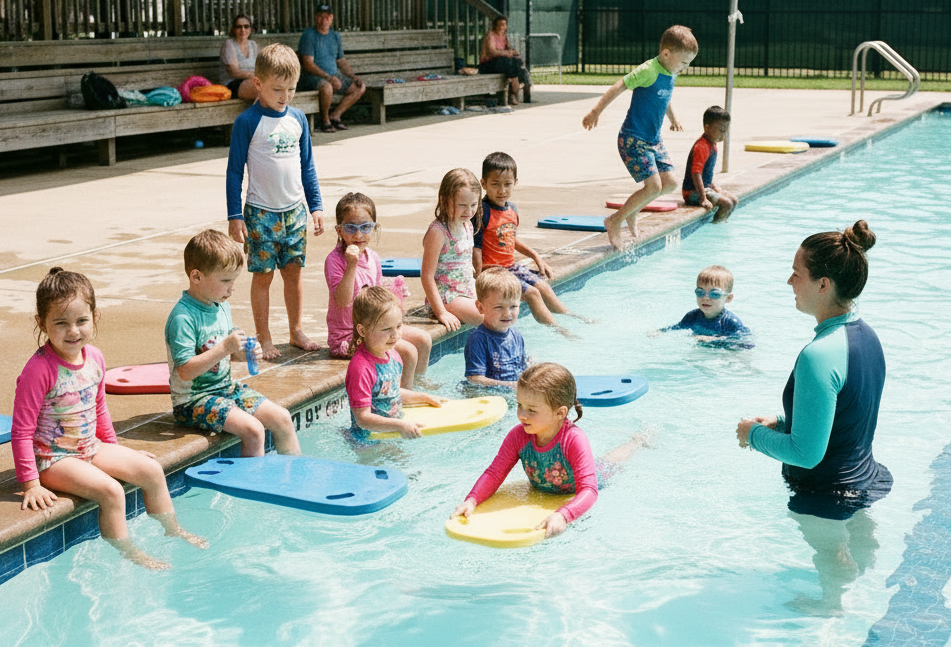 Children sitting on a pool edge and swimming during an outdoor group lesson.