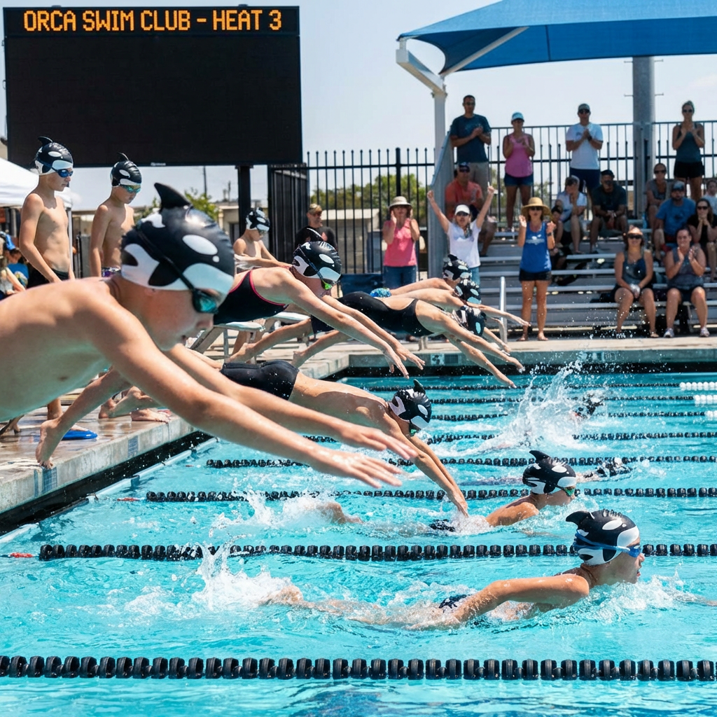 Swimmers in orca caps dive into a pool; scoreboard reads ORCA SWIM CLUB - HEAT 3.